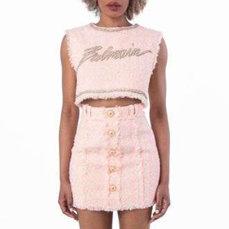 Balmain Embellished Logo Tweed Crop Top, Brand Size 36 ( US Size 4 )