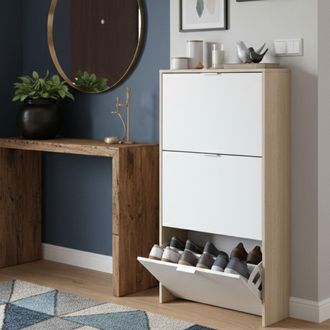 Dmora Zapatero De Tres Puertas Con Apertura Abatible, Color Roble Con Puertas Blanco Brillo, Medidas 60 X 113 X 22 Cm, Con Embalaje Reforzado - Dmora