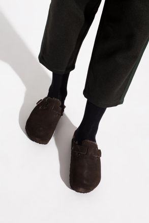 Birkenstock Boston VL Shearling Suede Slides, Mens, Brown