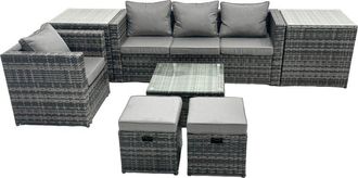 Fimous Fimous Outdoor Rattan Garden Furniture Set 6 Seater Patio Lounge Sofa Set with Armchair Square Coffee 2 Table Side Table 2 Small Footstools Dark Grey