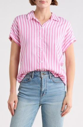 Beach Lunch Lounge Kenzie Stripe Short Sleeve Button-Up Shirt in Pure Pink at Nordstrom Rack, Size X-Small