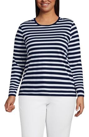 Lands End Supima Cotton Long Sleeve Crewneck T-Shirt in Deep Sea/blue Multi Stripe at Nordstrom, Size 2X