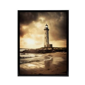 Artery8 Lighthouse Beach Sunset Seascape Framed Canvas Wall Art Print in Brown | Size: W24 x H32