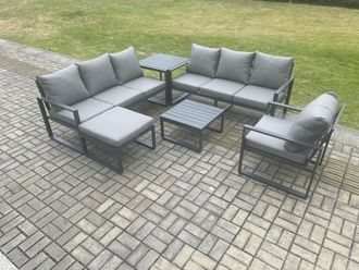 Fimous Aluminium 8 Seater Outdoor Garden Furniture Lounge Sofa Set with Square Coffee Table Chair Big Footstool Side Table Dark Grey