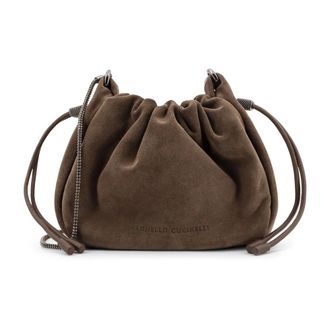 Brunello Cucinelli Tassen, Dames, Bruin, ONE Size, Su&egrave;de, Bucket Bag met leren trekkoordsluiting