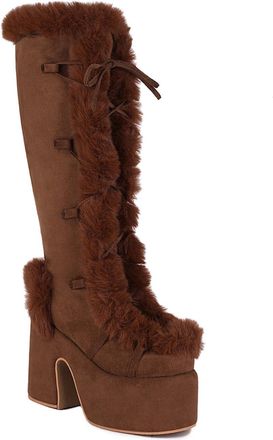 Generic Womens Faux Suede Warm Winter Boots with Side Zipper Round Toe Knee High Boots Block Heel Platform Long Boot,Brown,2.5 UK