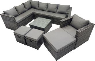 Fimous Fimous Rattan Garden Furniture Patio Furniture Sets with Corner Sofa Chair Square Coffee Table 3 Footstools Dark Grey Mixed