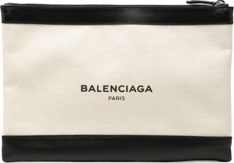 Balenciaga Beige Black Canvas Leather Clutch Bag (Pre-Owned)