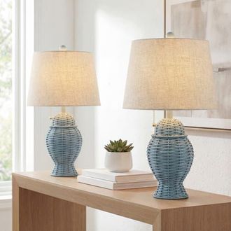 Jonathan Y Designs Margie Wicker 20.5 Bohemian Rustic Iron LED Table Lamp in Blue at Nordstrom