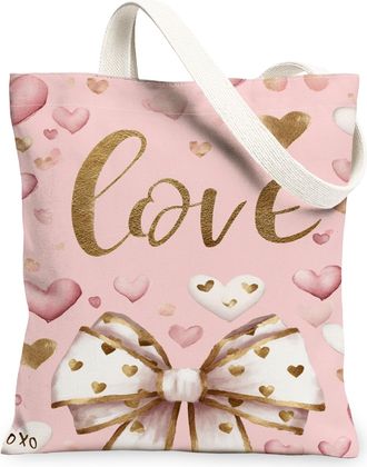 Generic ValentineS Day Heart Canvas Tote Bags, Romantic Love Bow Pattern Reusable Grocery Bags, Lightweight Washable Shoulder Stra, Peach, 13x15 Inch