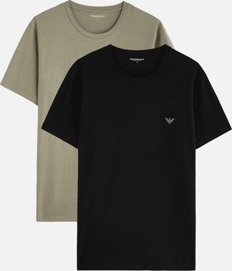 Emporio Armani Mens Cotton 2-Pack Round Neck Eagle Logo Black/Khaki T-Shirt - Size: 36