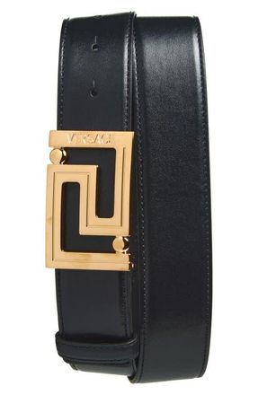 Versace Greca Leather Belt in Black Gold at Nordstrom, Size 105