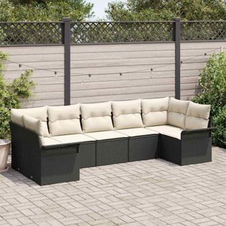 vidaXL Vidaxl - Conjunto De Sof&aacute; De Jard&iacute;n Con Coj&iacute;n 7 Pcs Negro Polirat&aacute;n