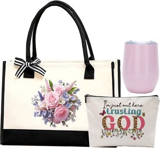 Generic Handbag Set, Personalized Canvas Tote Bag for Women With Insulated Stainless Steel Wine Tumbler and cosmetic bag, Gifts for Women, Mom, Teachers - 43C