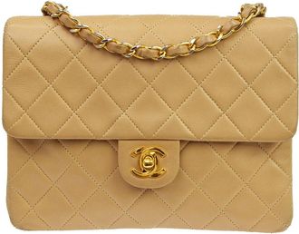 Chanel Vintage Square Classic Single Flap Quilted Lambskin Beige Leather Handbag (Pre-Owned)