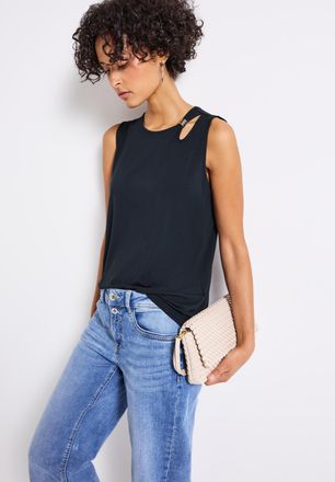 Street One Shirttop STREET ONE, Damen, Gr. 42, blau (deepwater blau), Jersey, Obermaterial: 95% Viskose, 5% Elasthan, unifarben, regular fit taillenbedeckt, Rund