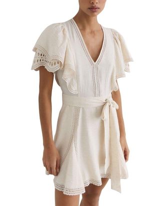 Reiss Opal Broderie Anglaise Belted Linen-Blend Flippy Dress