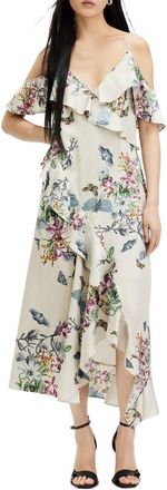 AllSaints Orion Sanibel Floral Cold Shoulder High-Low Dress in Taupe Grey at Nordstrom Rack, Size 4