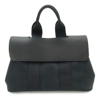 Herm&egrave;s Valparaiso Black Toile Chevron Leather Handbag Tote Bag (Pre-Owned)