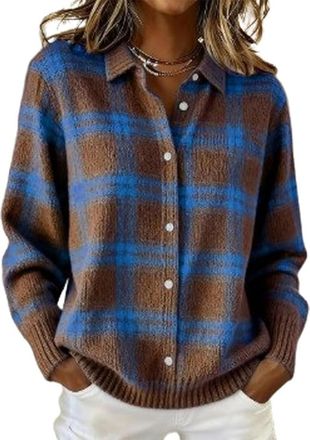 Generic Womens Plaid Print Casual Cotton/Polyester Cardigan - Long Sleeve V-Neck Button Down Design (Brown-Blue Check,XL)