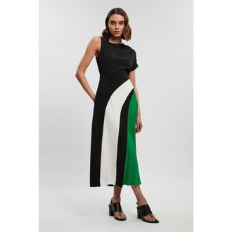 Karen Millen Colour Block Pleated Midi Dress in Mono at Nordstrom, Size 10