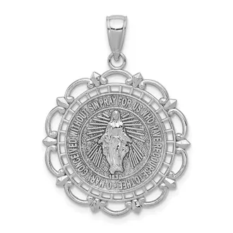 Diamond2Deal 14K White Gold Miraculous Medal With Scallop Frame Pendant
