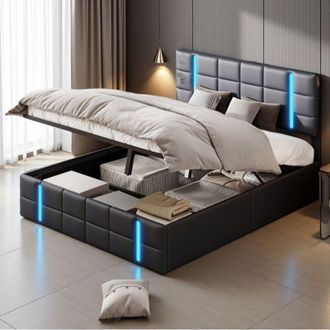 OEM Cama Doble 140x200 - Cofre Hidr&aacute;ulico - Led Rgb - Dise&ntilde;o Moderno - Negro Pu