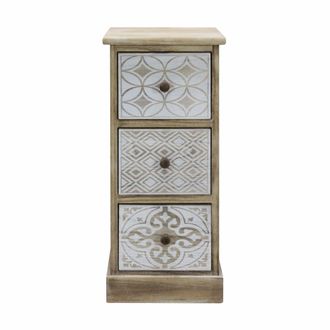 Mobili Rebecca Mesita de noche estampada con 3 cajones en madera blanca y beige