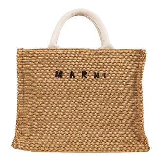 Marni Handbags, female, Brown, Size: ONE SIZE Square raffia shoulder bag with embroidered contrast logo