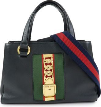 Gucci Sylvie Top Handle Leather Black Leather Handbag (Pre-Owned)