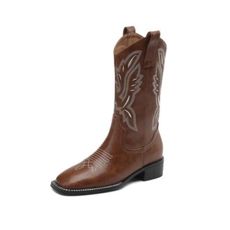 Generic Womens Knee-High PU Leather Cowboy Boots Embroidered Design Pull Tab Square Toe Low Block Heels Slip On Soft Lining Cushioned Insole Durable Outsole,B