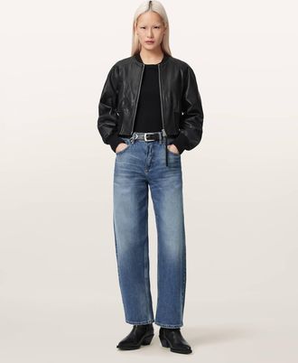 AllSaints Leather Suri Cropped Leather Bomber Jacket, Size: UK 14/US 10