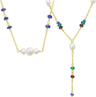 Rina Limor 2Pc Silver 6.11 Ct. Tw. Blue Sapphire Garnet, Green Onyx & 4-6.5 Mm Pearl Beads Necklace Set