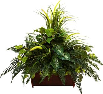 Nearly Natural Mixed Grass & River Fern with Wood Planter in Green at Nordstrom