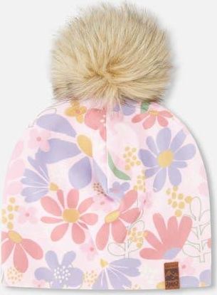 Deux par Deux Stretch Jersey Hat Flower Print with Pompom in Pink Flower Print at Nordstrom, Size 12-24 M