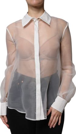 Elisabetta Franchi White Sheer Collared Buttoned Long Sleeves Womens Top (Pre-Owned)