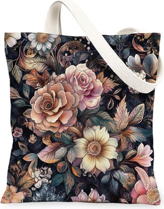 Generic Spring Aesthetic Rose Canvas Tote Bag for Shopping 13x15, Retro Flower Garden Reusable Grocery Print Pattern Bag for Women Men, Floral Wildflower Aest