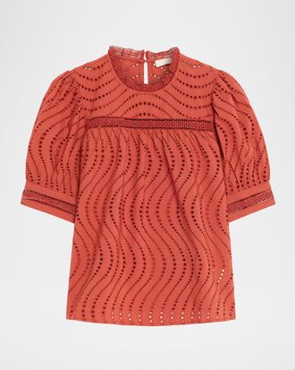 Ulla Johnson Virginia Lace Eyelet Short-Sleeve Blouse