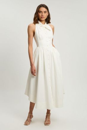 Karen Millen Womens Cotton Poplin Tie Neck Midi Dress - White - Size 16 UK