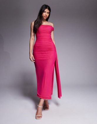 Bardot Layana - Vestito al polpaccio monospalla arricciato in rete color rosa acceso con dettaglio intrecciato