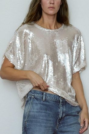 Secular Liberty Crwe Neck Sequin Shirt In Pink Ice