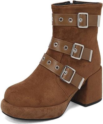 Generic Womens Round Toe Platform Boots with Buckle Faux Suede Short Boots with Side Zipper Chunky Heel Retro Dress Boot,Brown,6.5 UK