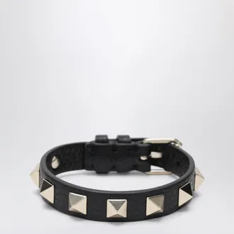 Valentino Garavani Black leather Rockstud bracelet with gold-tone studs