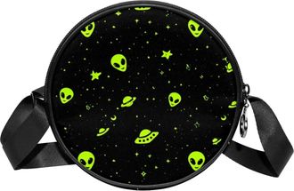 Generic Circle Crossbody Bag for Women, Green Small Alien Spaceship Small Sling Bag Daypack with Zipper Adjustable Shoulder Straps Casual Ladies Girls Round P