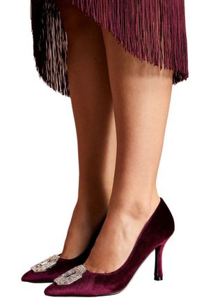 Coast Wide Fit Livvy Velvet Brooch Detail High Heel Stiletto Court Shoes, 3, Burgundy