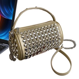 Generic Edgy Tote - Studded Shoulder Bag, Punk Cylinder Purse, Rock Handbag for Women Teens Girls, Fashion Casual Details for Party Outing Concert, Trendy Wri