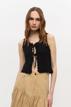 Ganni Black Textured Lace Knit Top - Size XXS Cashmere