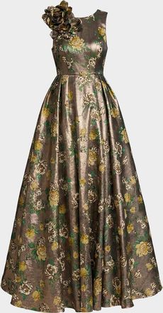 Mac Duggal Pleated Metallic Floral Brocade Gown