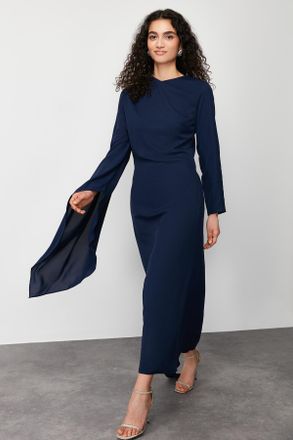 Trendyol Modest Dames Donkerblauw Effen Maxi Lang Stijlvol/Avond Recht Modest Avond Jurken