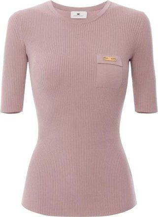 Elisabetta Franchi Truien & Vesten, Dames, Roze, XS, Satijn, Geribbelde tricot top met borstzak